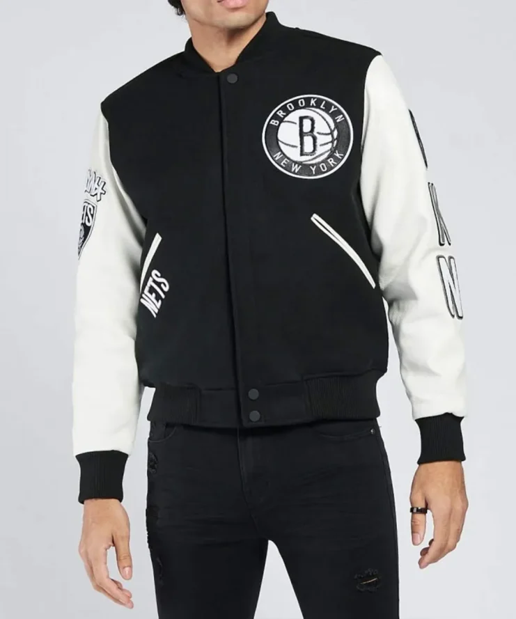 Brooklyn Nets Logo Black And White Letterman Jacket