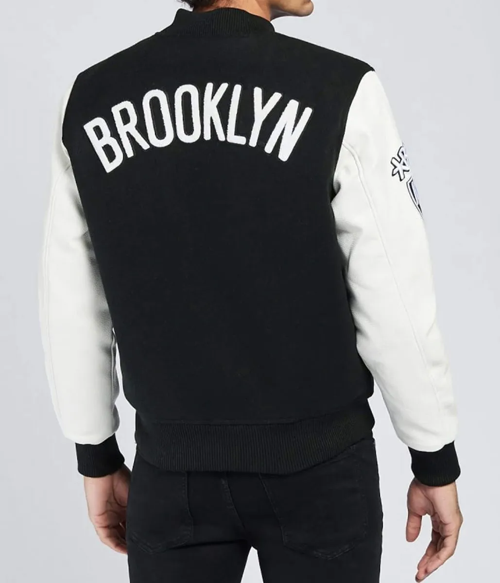 Brooklyn Nets Logo Black And White Letterman Jacket Back
