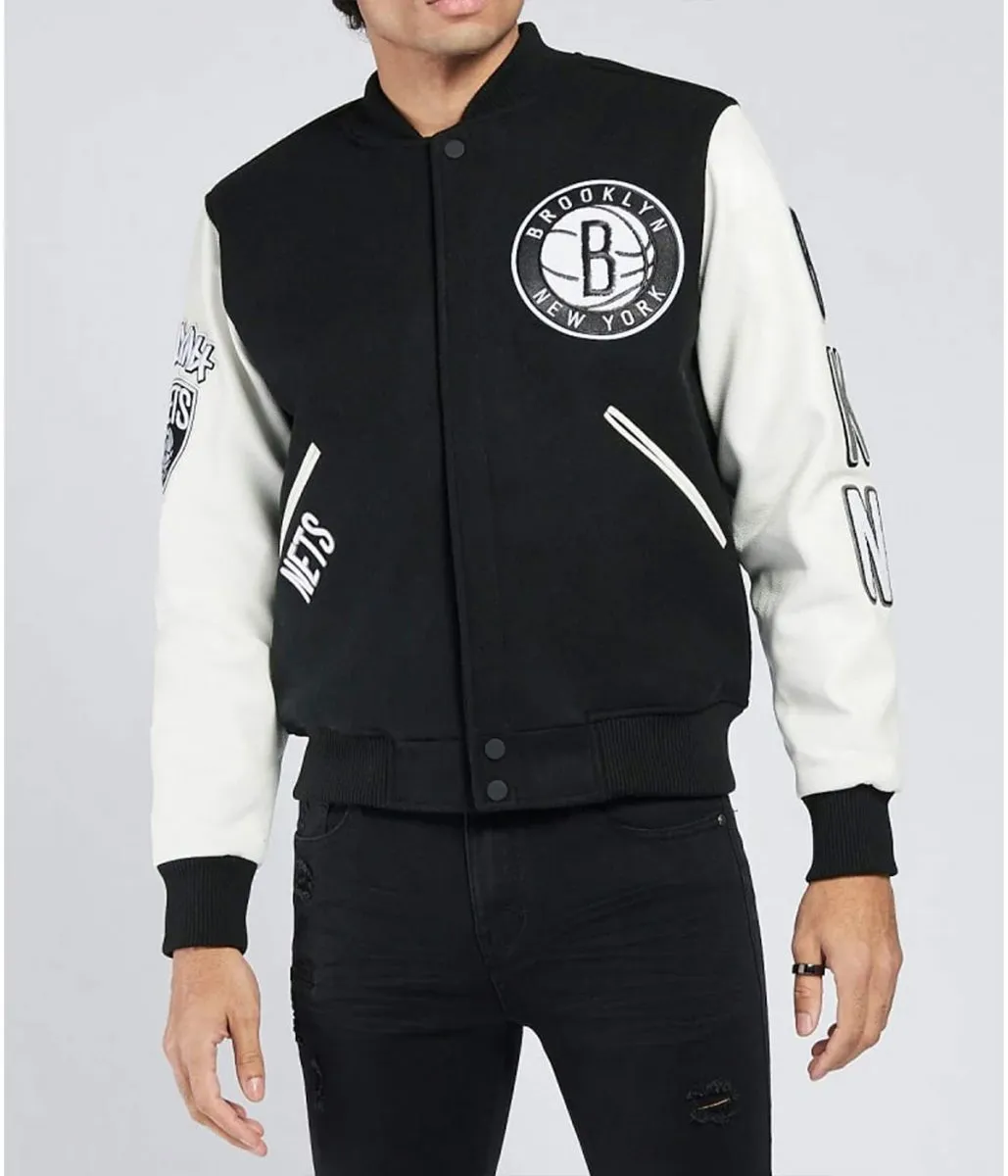 Brooklyn Nets Logo Black And White Letterman Jacket