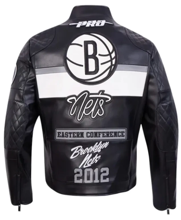 Brooklyn Nets Moto Black Leather Zip Up Jacket