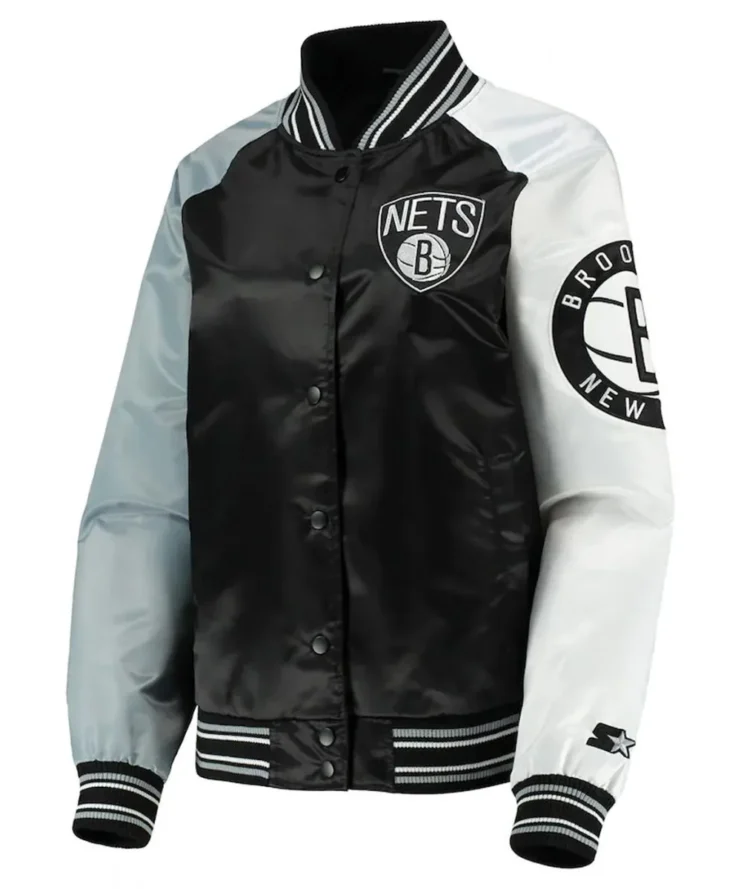 Brooklyn Nets Reliever Raglan Full Snap Satin Black And Gray Jacket 1