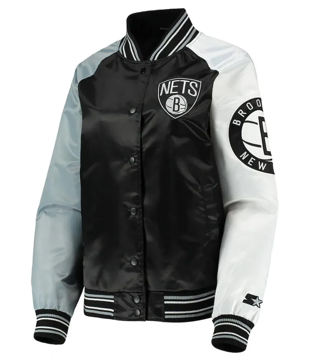 Brooklyn Nets Reliever Raglan Full Snap Satin Black And Gray Jacket 1