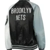 Brooklyn Nets Reliever Raglan Full Snap Satin Black And Gray Jacket Back