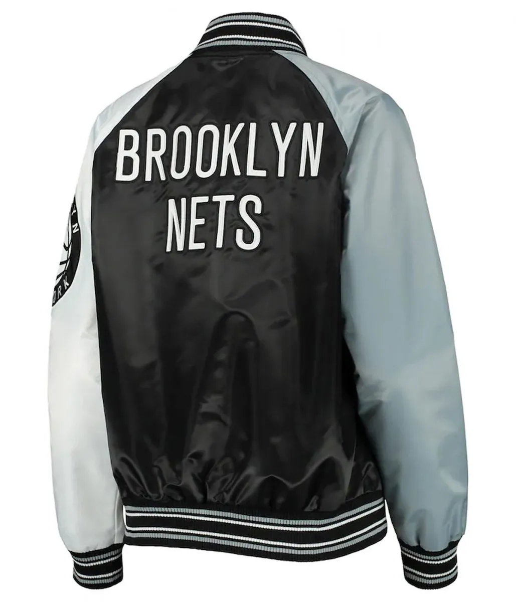 Brooklyn Nets Reliever Raglan Full Snap Satin Black And Gray Jacket Back