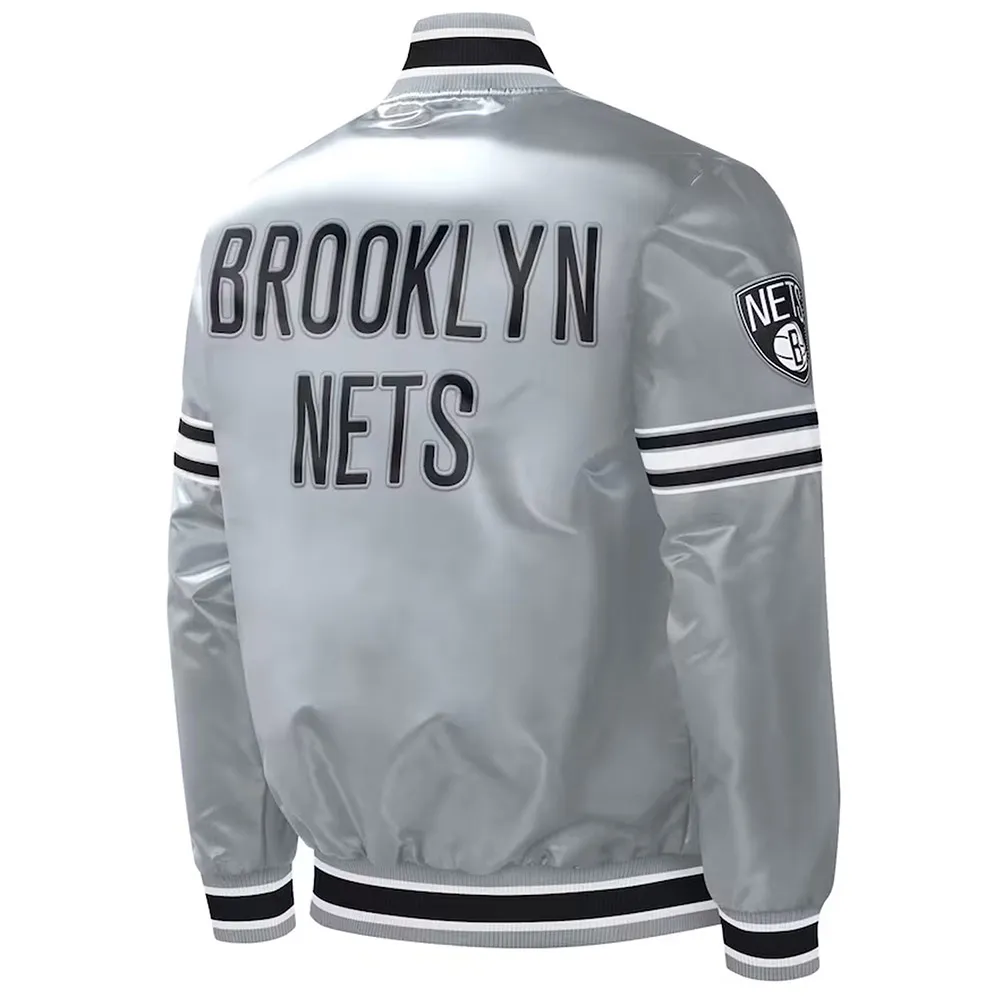 Brooklyn Nets Slider Gray Varsity Satin Jacket Back