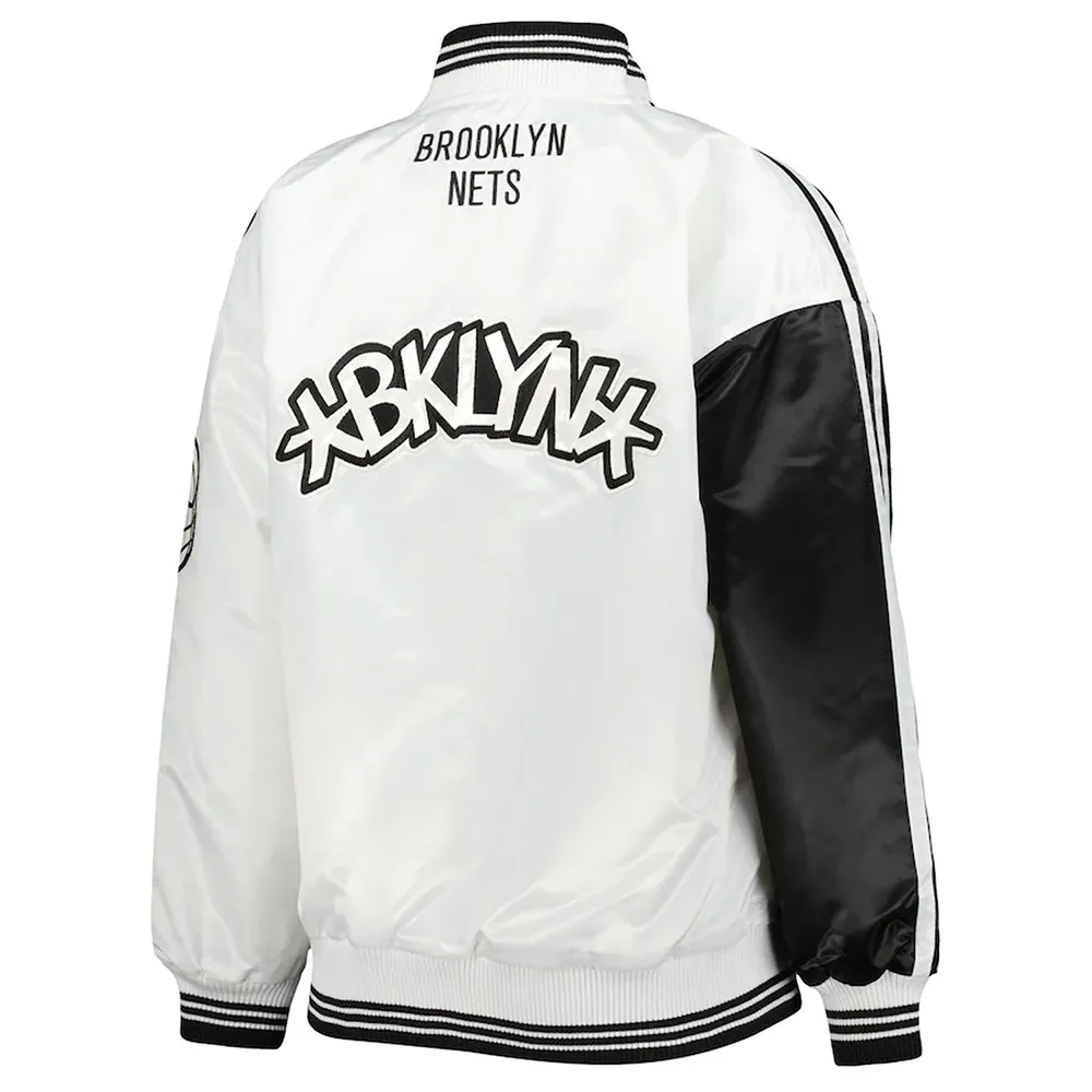 Brooklyn Nets Split Colorblock Black And White Satin Jacket Back