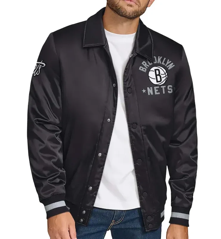 Brooklyn Nets Stitch Applique Black Satin Jacket