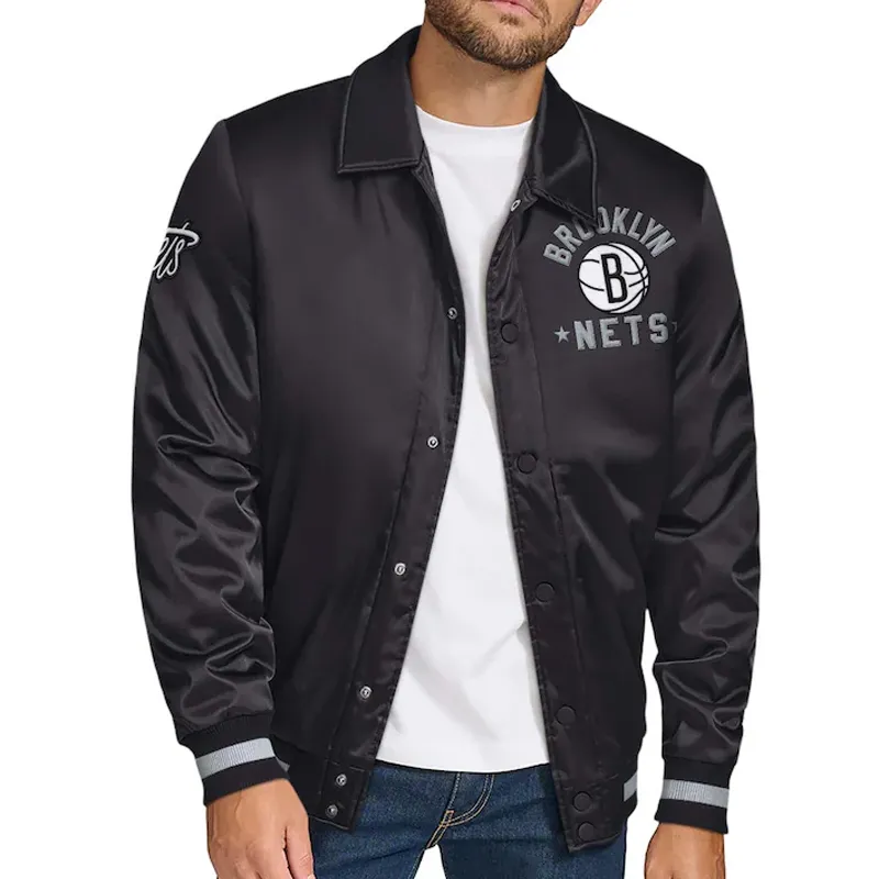 Brooklyn Nets Stitch Applique Black Satin Jacket