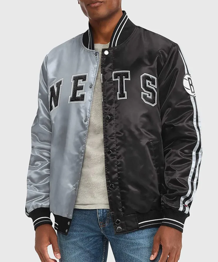 Brooklyn Nets Varsity Satin Gray And Black Jacket