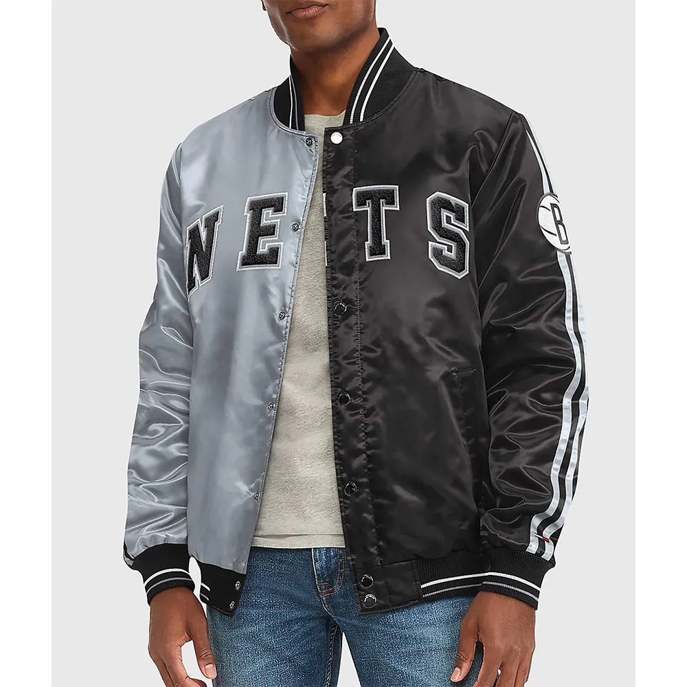 Brooklyn Nets Varsity Satin Gray And Black Jacket