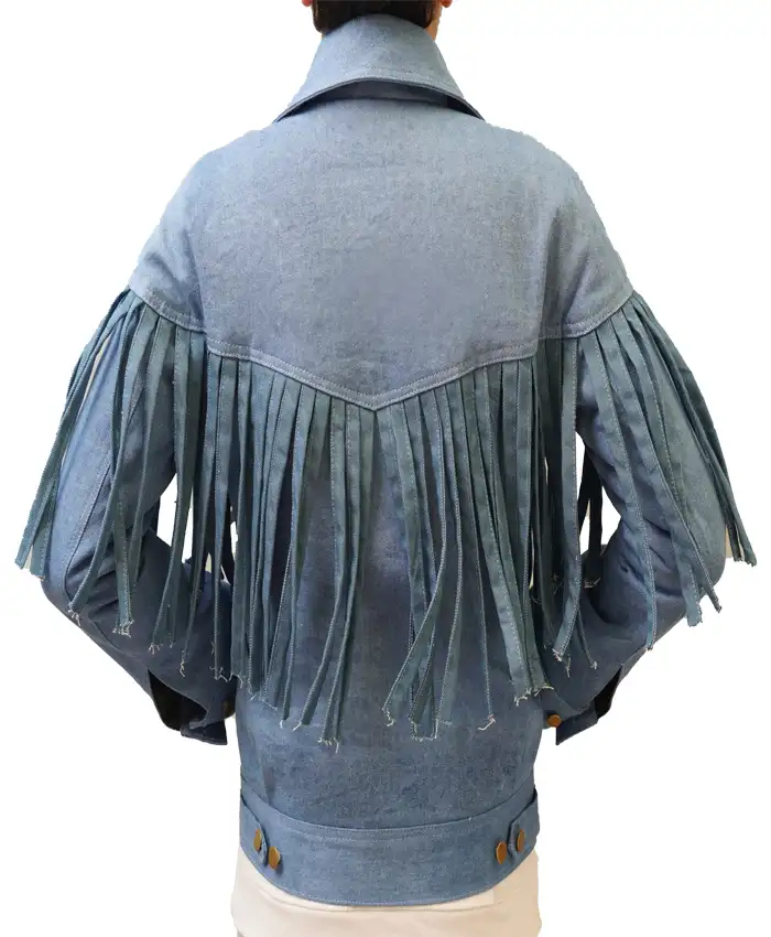 Buy Ainsley Norris TV Series Landman Michelle Randolph Blue Denim Fringe Jacket For Unisex