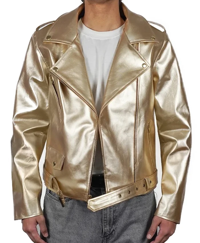 Cheryl Golden Metallic Biker Leather Jacket