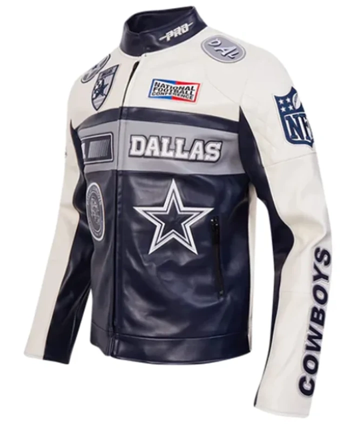 Buy Dallas Cowboys Biker Navy And White Leather Jacket
