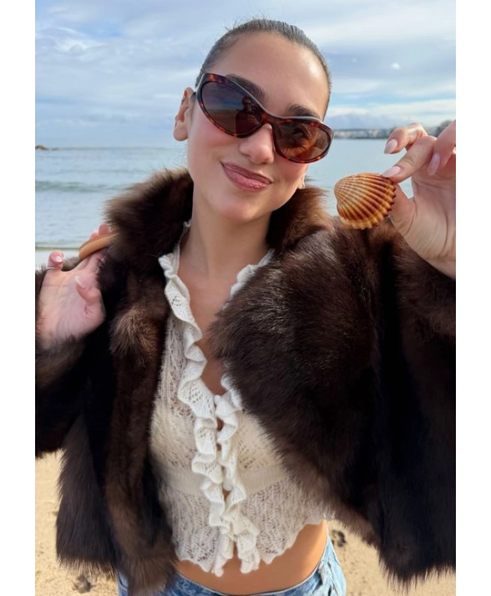 Buy Dua Lipa Dark Brown Fur Cropped Jacket For Womens