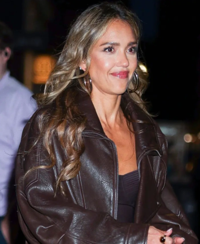 Buy Jessica Alba New York City 2025 Brown Leather Jacket