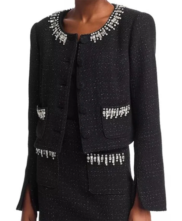 Buy Now Abbott Elementary Season 04 Tatyana Ali Black Embellished Tweed Jacket For Unisex
