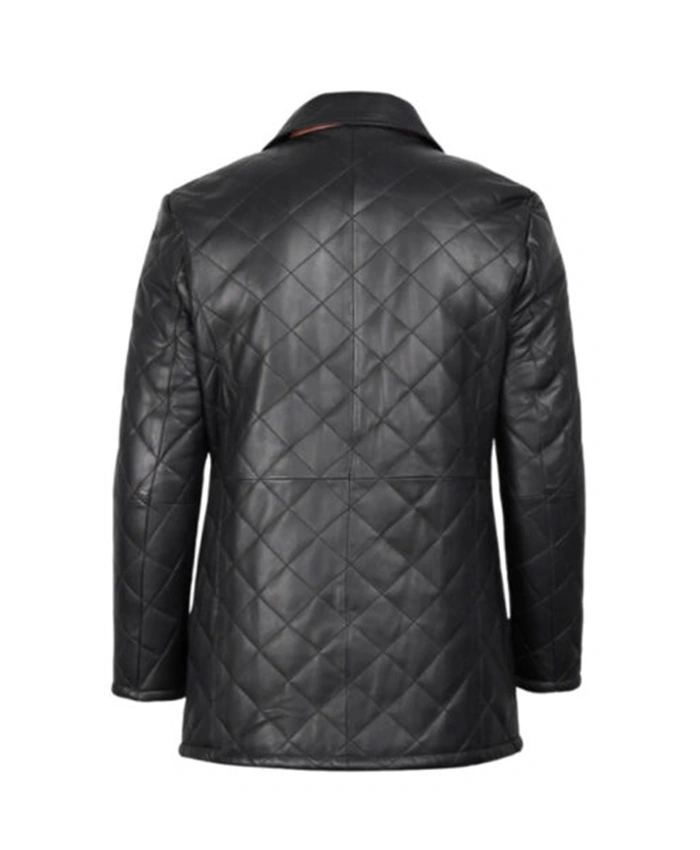 Men’s Black Quilted Leather Car With Brown Detailing Coat - Image 2