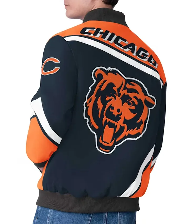 Buy Now Chicago Bears Maximum Racing Navy Blue And Orange Varsity Jacket For Unisex
