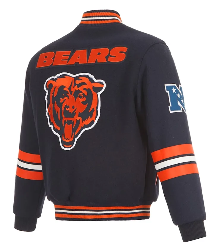 Buy Now Chicago Bears Striped Navy Blue Varsity Jacket For Men And Women