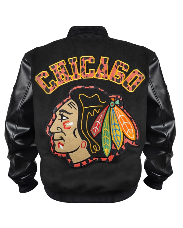 Buy Now Chicago Blackhawks Animal Patches Black Varsity Jacket For Unisex
