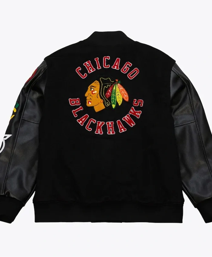 Buy Now Chicago Blackhawks Black Out Team Logo Varsity Jacket For Unisex