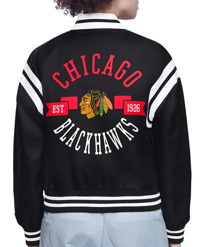 Buy Now Chicago Blackhawks Printed Logo Black Varsity Jacket For Men And Women