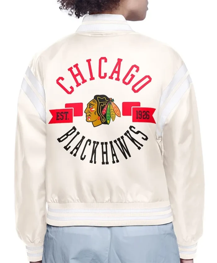 Buy Now Chicago Blackhawks Printed Logo Cream Varsity Jacket For Men And Women
