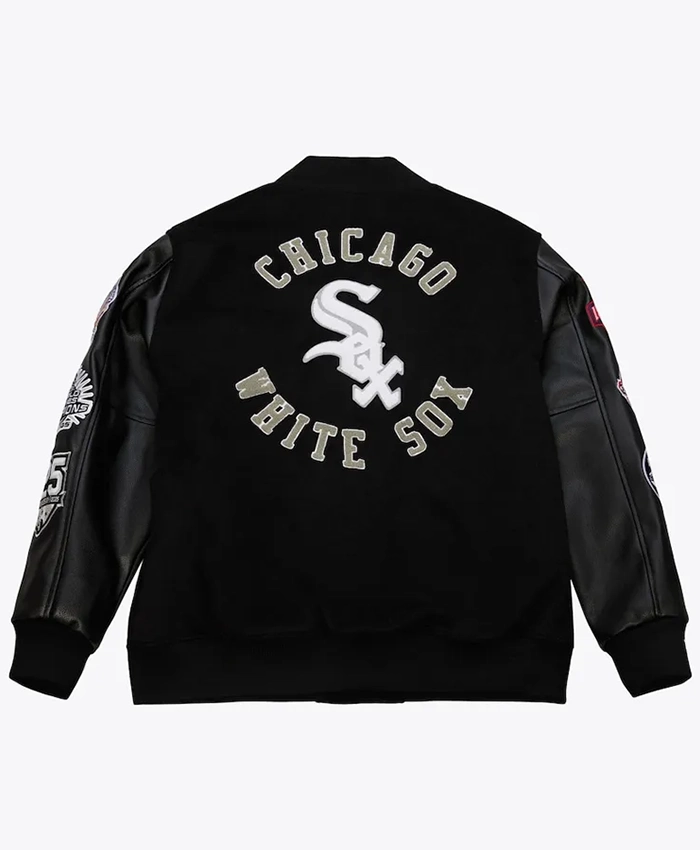Buy Now Chicago White Sox Black Out Vintage Logo Varsity Jacket For Unisex