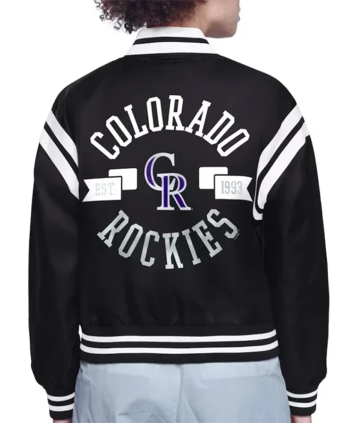 Buy Now Colorado Rockies Printed Logo Black Varsity Jacket For Unisex