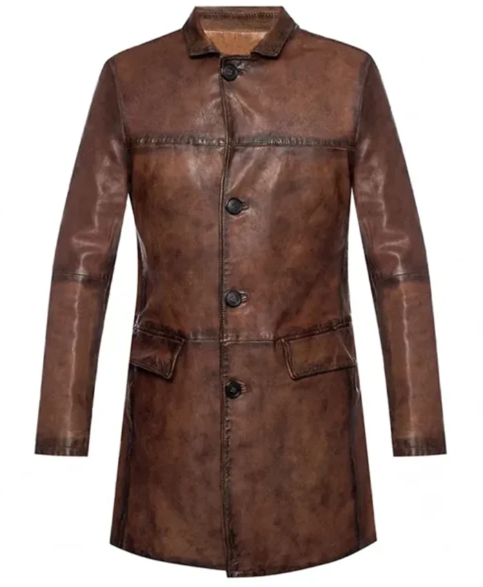 Buy Now Distressed Brown Dwayne Johnson Red Notice Leather Coat For Men And Women