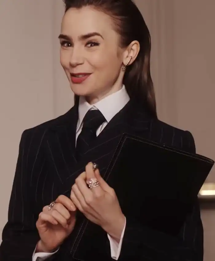 Alternative view of Emily In Paris Lily Collins Black Striped Suit