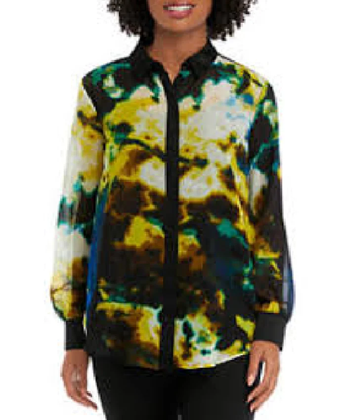 Buy Now Gina Bellman Leverage Redemption Season 03 Sophie Devereaux Black And Yellow Printed Shirt For Unisex
