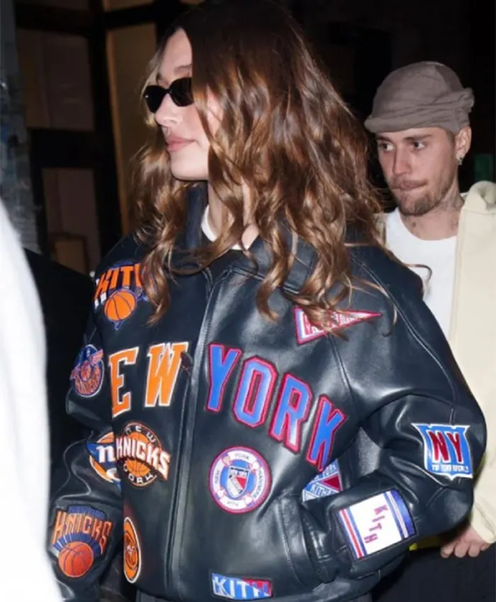 Buy Now Hailey Bieber New York Knicks Black Leather Bomber Jacket For Unisex