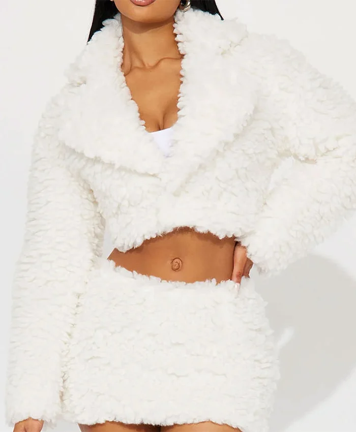 Buy Now Jessica Woynilko WWE Smackdown 2025 Tiffany Stratton White Cropped Sherpa Jacket For Unisex