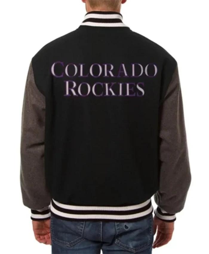 Buy Now MLB Colorado Rockies Two Tone Black And Charcoal Varsity Jacket For Unisex