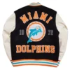 Buy Now Miami Dolphins Throwback Black And White Letterman Varsity Jacket For Unisex