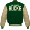 Buy Now Milwaukee Bucks Beige And Green Letterman Varsity Jacket For Men And Women