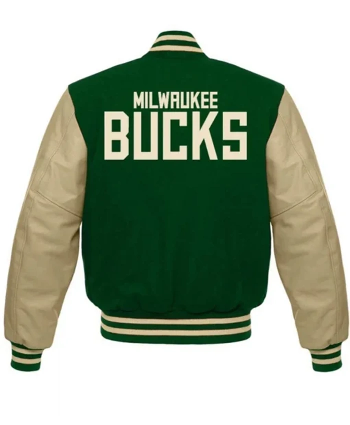 Buy Now Milwaukee Bucks Beige And Green Letterman Varsity Jacket For Men And Women