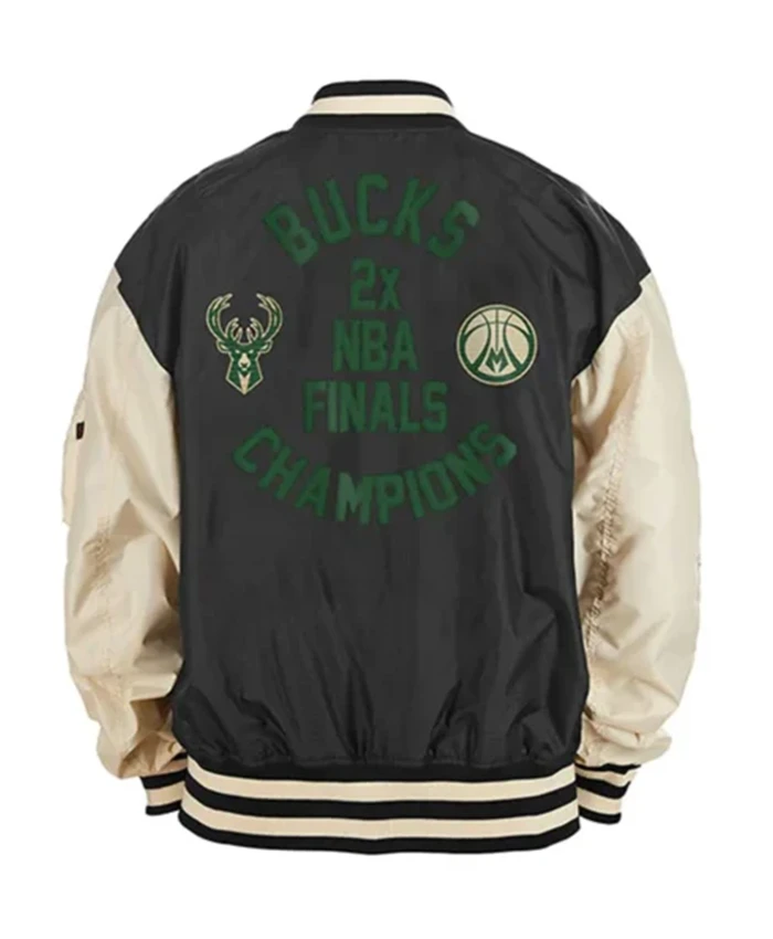 Buy Now Milwaukee Bucks New Era Black And Beige Bomber Jacket For Unisex