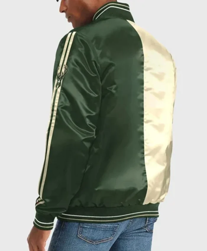 Buy Now Milwaukee Bucks Off White And Green Varsity Jacket For Unisex