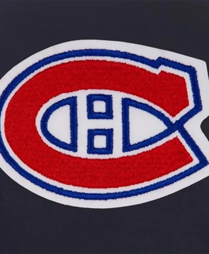 Buy Now Montreal Canadiens Front Hit Poly Twill Navy Blue Varsity Jacket For Unisex