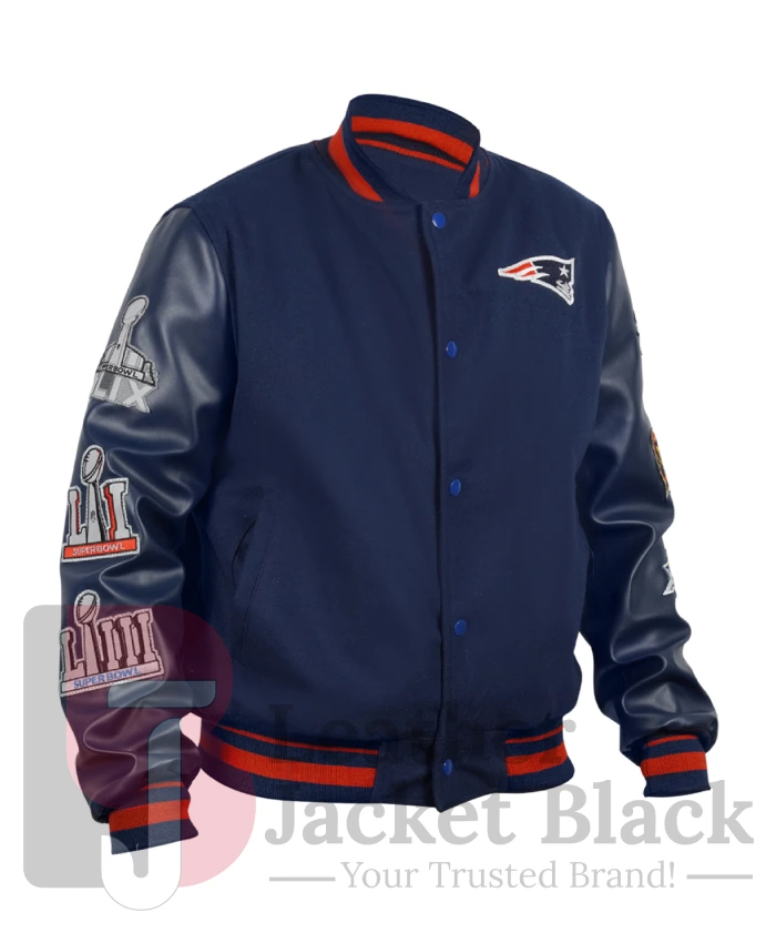 Buy Now New England Patriots 6X Super Bowl Champions Navy Blue Varsity Jacket Unisex