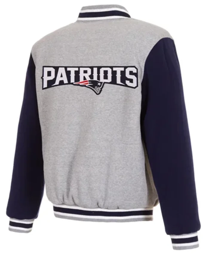Buy Now New England Patriots Grey And Navy Blue Varsity Jacket For Unisex