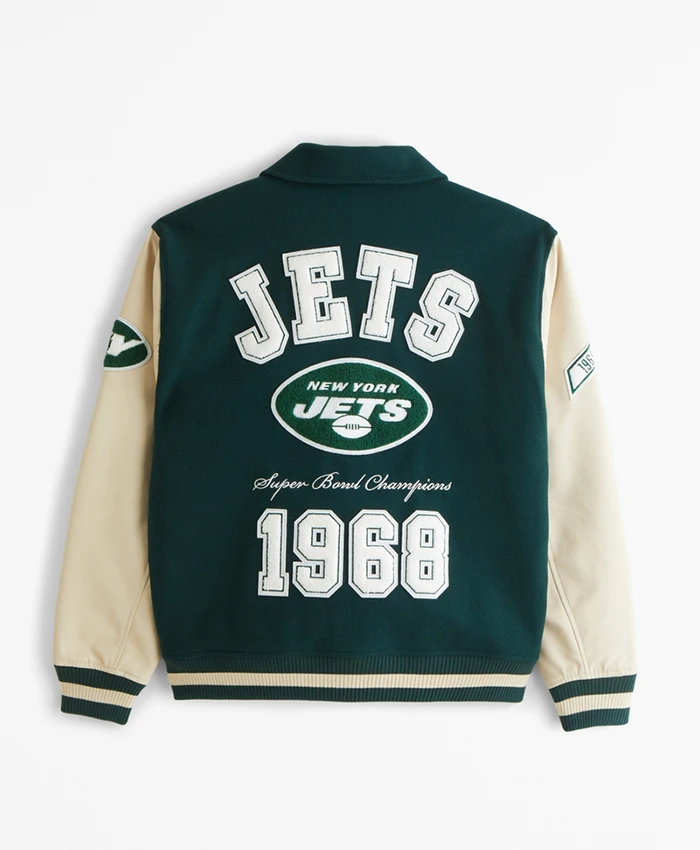 Buy Now New York Jets Green And OFF White Letterman Varsity Jacket For Men And Women