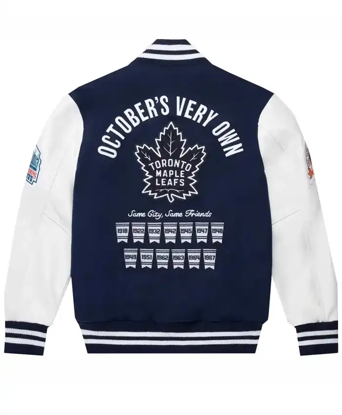 Buy Now OVO X Toronto Maple Leafs Varsity Blue Jacket For Sale