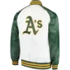Buy Now Oakland Athletics Clean Up Hitter White And Green Varsity Jacket For Unisex