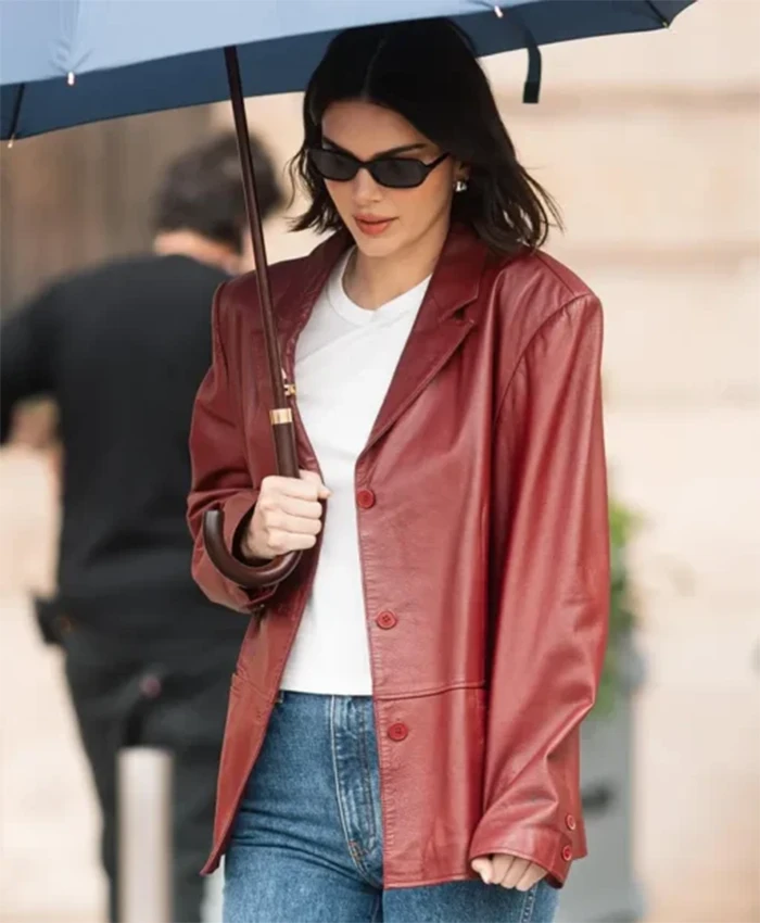 Buy Now Paris 2025 Kendall Jenner Maroon Leather Blazer For Men And Women