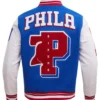 Buy Now Philadelphia 76ers Pro Standard Blue And White Varsity Jacket For Unisex