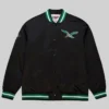 Buy Now Philadelphia Eagles Mitchell And Ness Double Down Satin Vintage Logo Raglan Black Varsity Jacket For Unisex