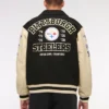 Buy Now Pittsburgh Steelers Black And OFF White Varsity Jacket For Men And Women
